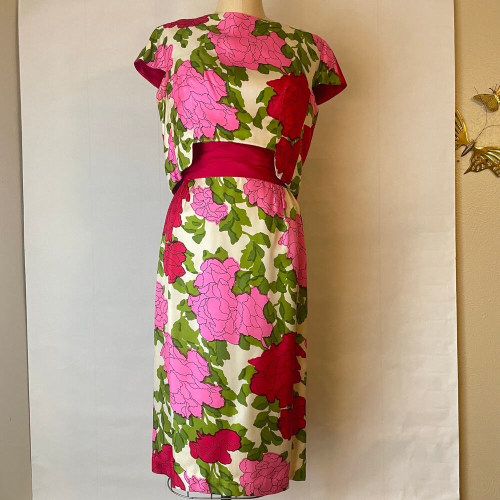 Vintage Ben Barrack 50s 60s Silk Floral Sheath Dress Bolero 2pc ILGWU Pink - Picture 2 of 11